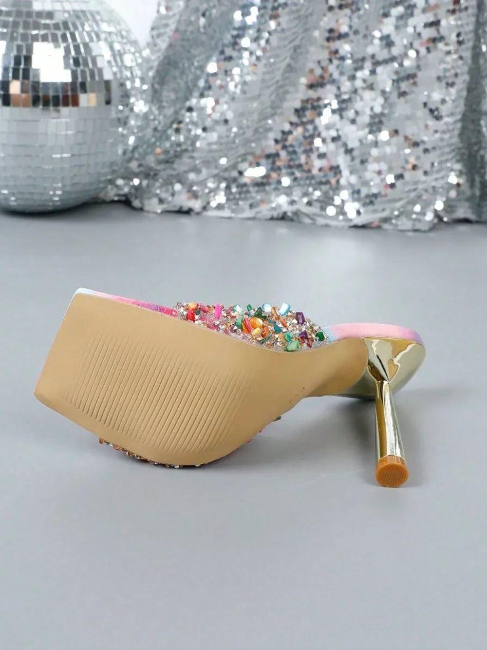 Pink Elegant Women's Crystal Embellished High Heel Sandals - Picture 4 of 7
